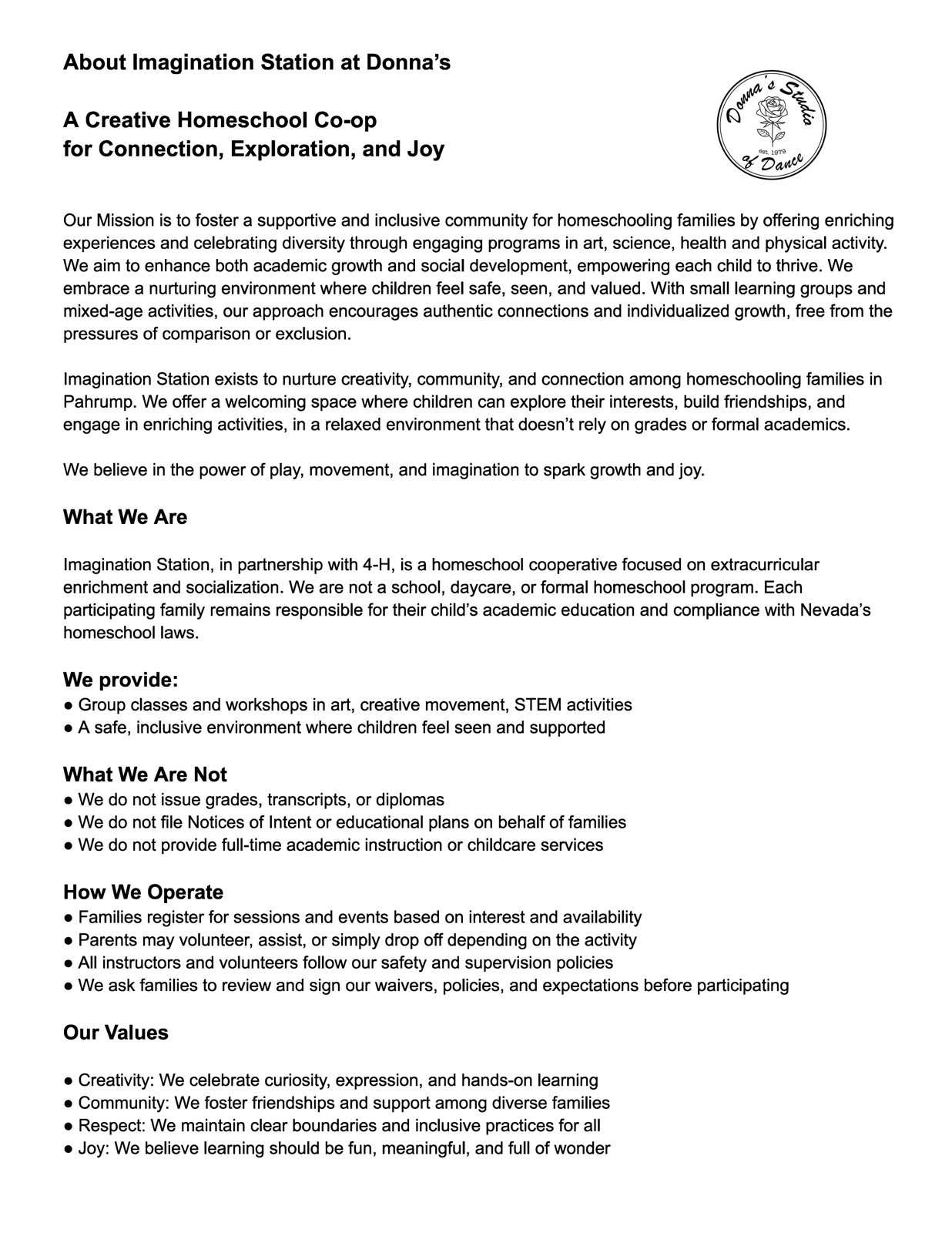 Imagination Station homeschool enrichment program flyer