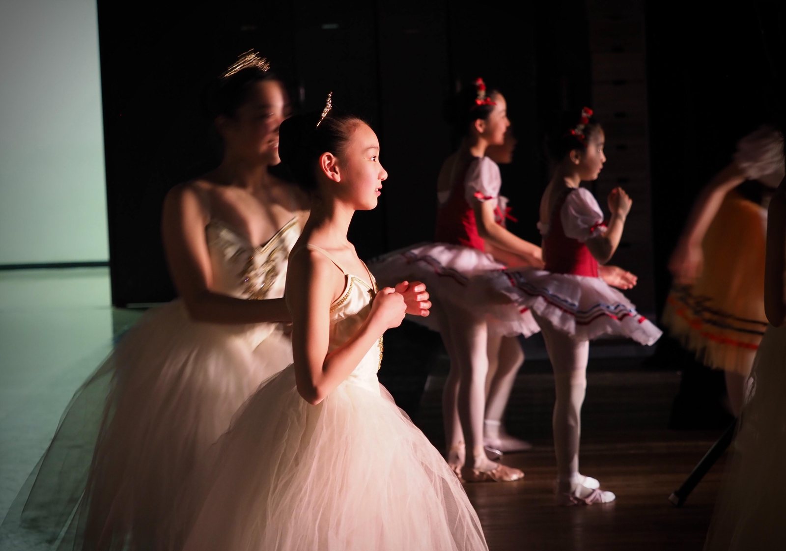 Ballet dancers grouped together after a recital performance