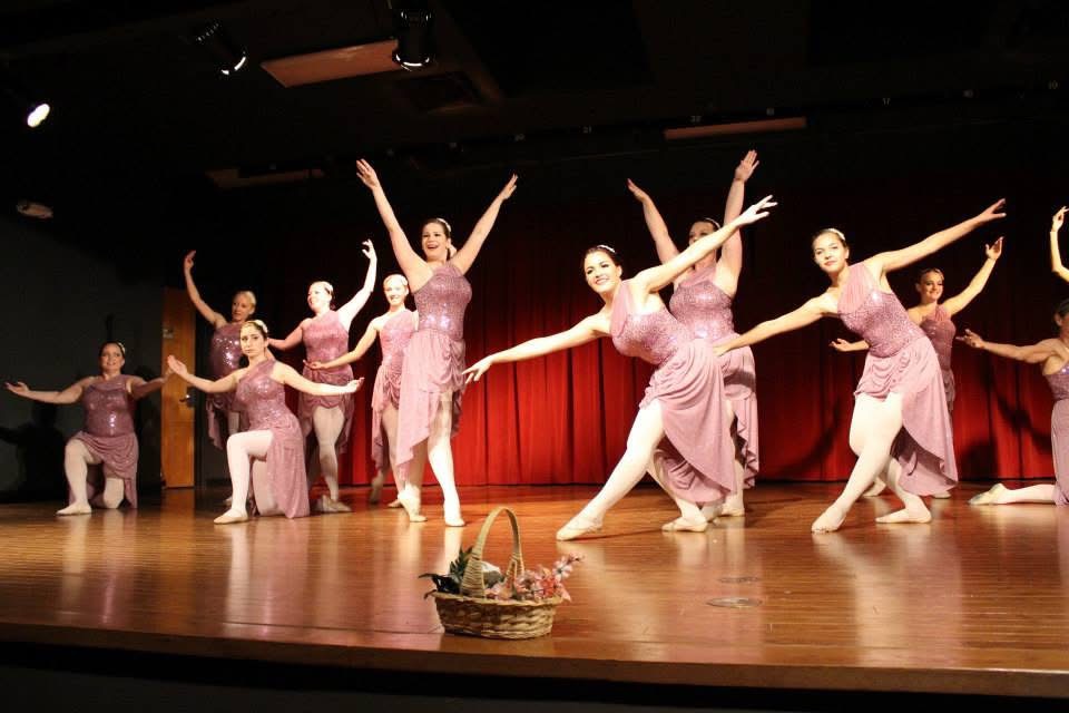 Ballerinas in pink costumes performing on the recital stage