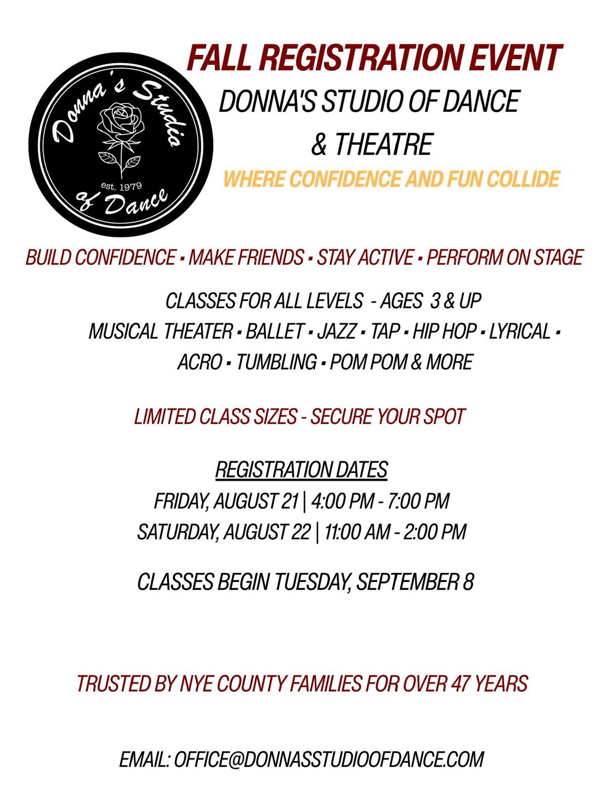 Donna's Studio of Dance pre-registration flyer for the upcoming season